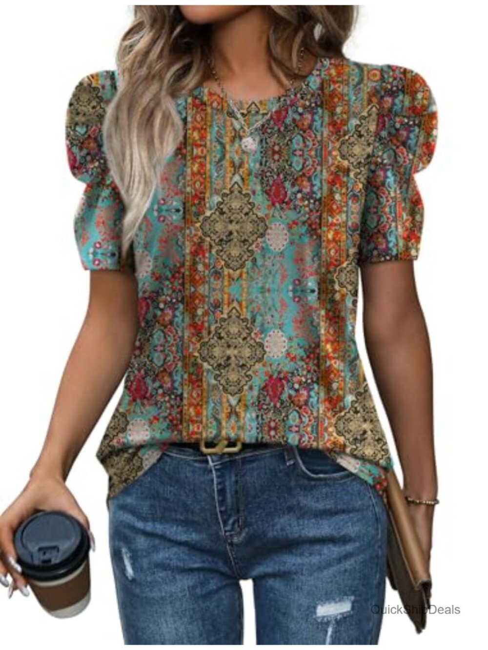 Womens Puff Sleeve Crewneck T Shirt Blouse Dressy Casual Summer Top